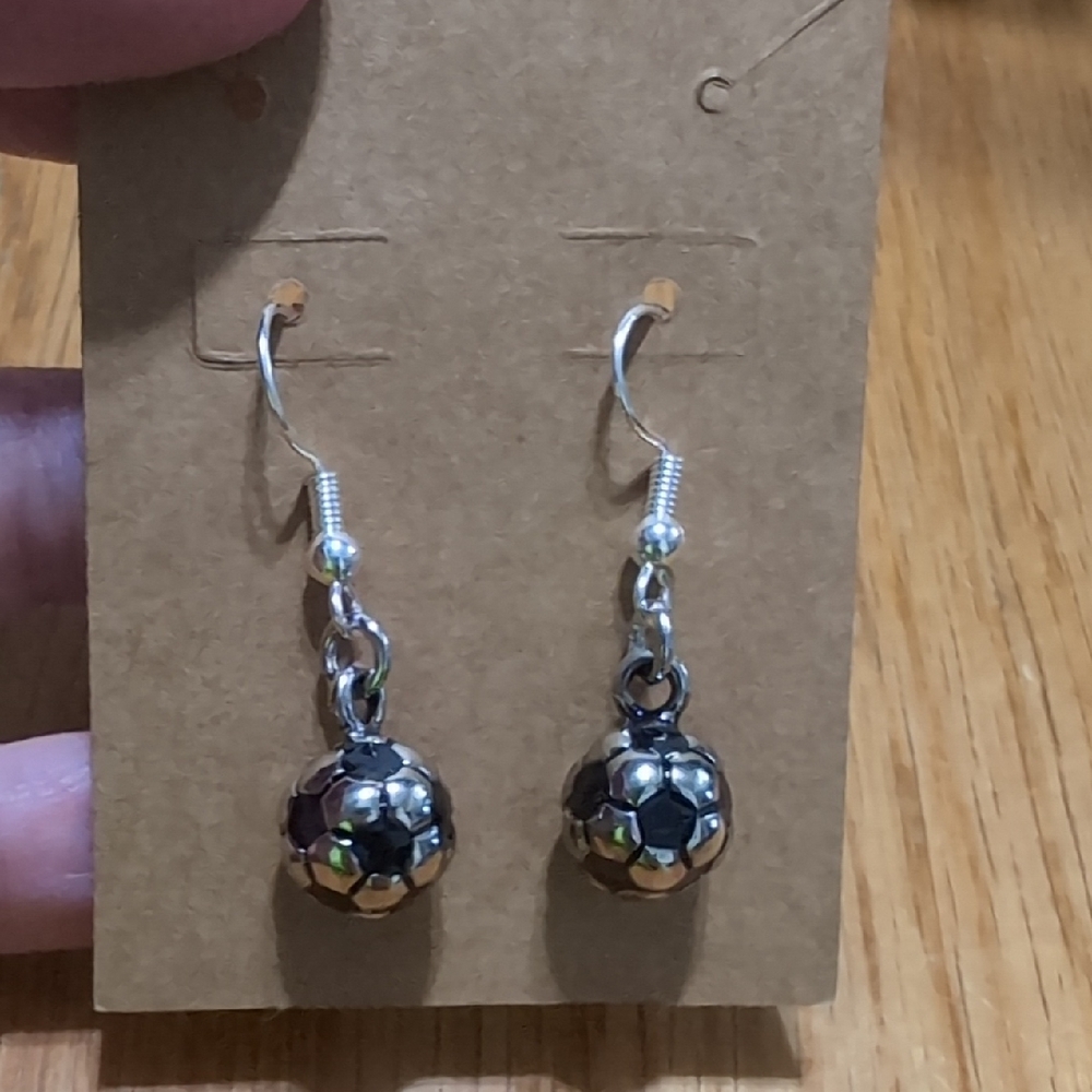 Silver Dangle Soccer Ball Earrings